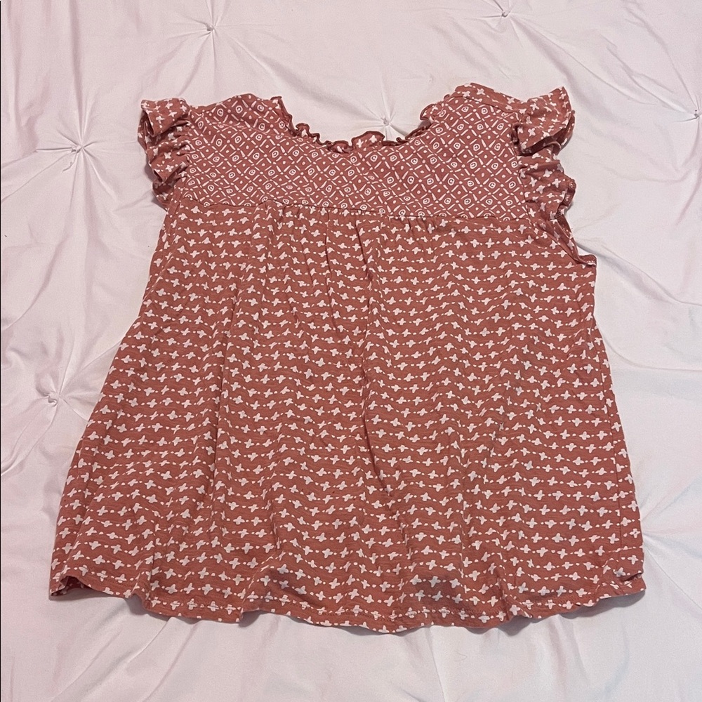 Rust Patterned Blouse with Ruffle Sleeves